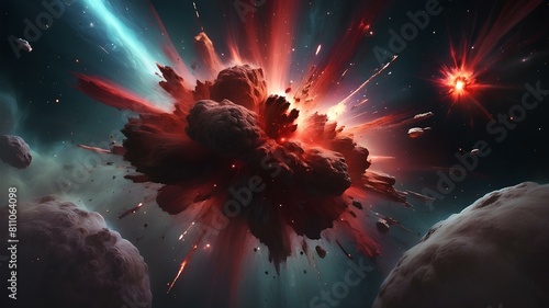 Solar explosion in space full of clouds, rocks and particles. Complete devastation in a galaxy full of stars planets and moons. AI Generated photo