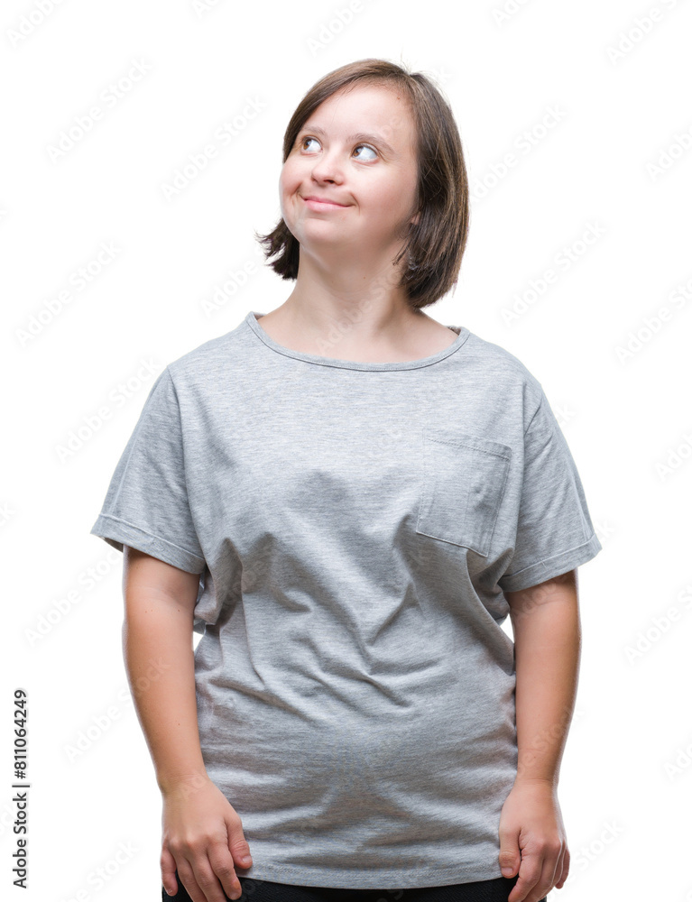 Young adult woman with down syndrome over isolated background smiling looking side and staring away thinking. Young adult woman with down syndrome over isolated background smiling looking side and staring away thinking.
