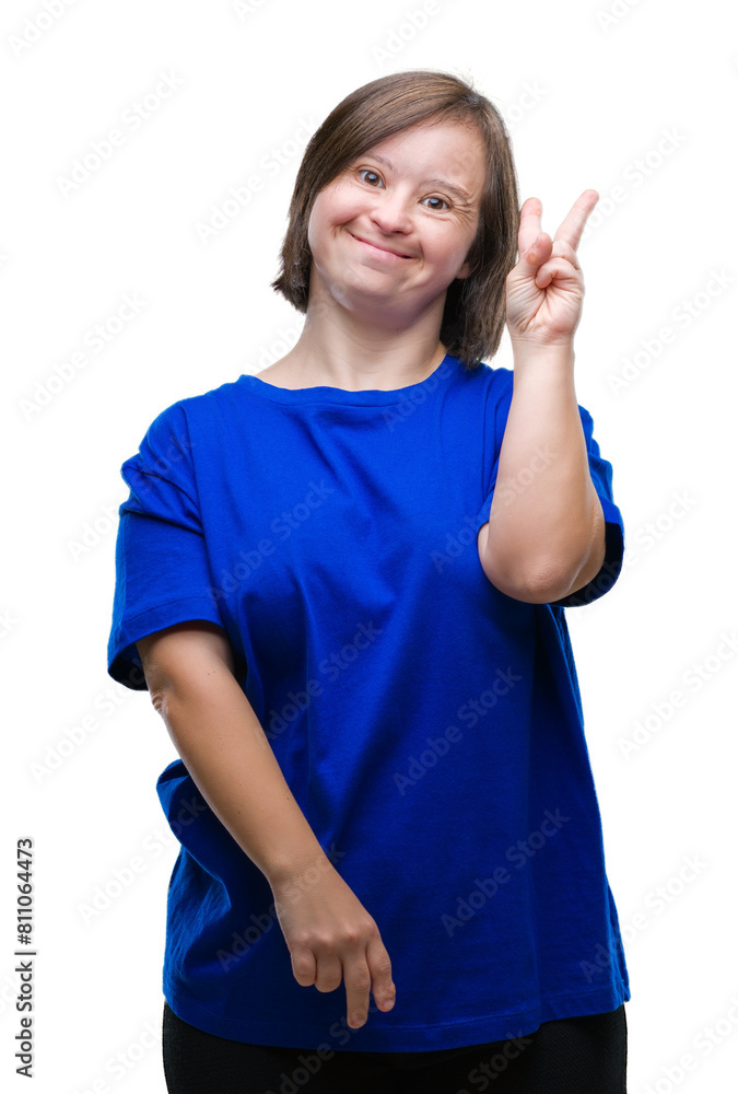 Young adult woman with down syndrome over isolated background smiling with happy face winking at the camera doing victory sign. Number two. Young adult woman with down syndrome over isolated background smiling with happy face winking at the camera doing victory sign. Number two.