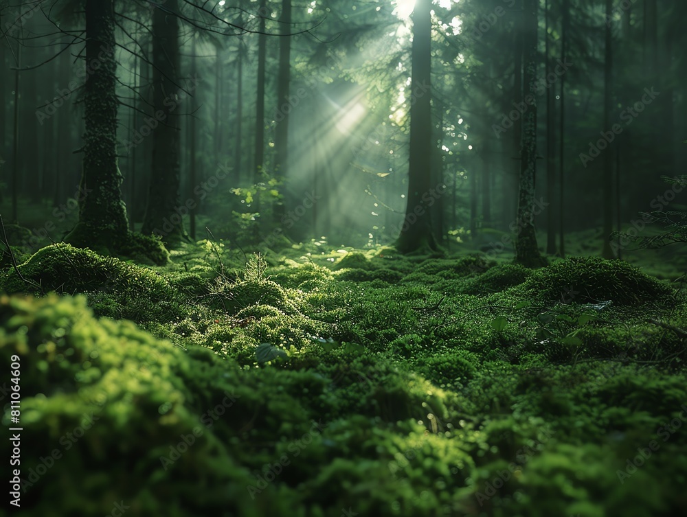 Obraz premium Artistic view of light filtering through trees onto a rich, moss-covered forest floor, capturing a magical ambiance