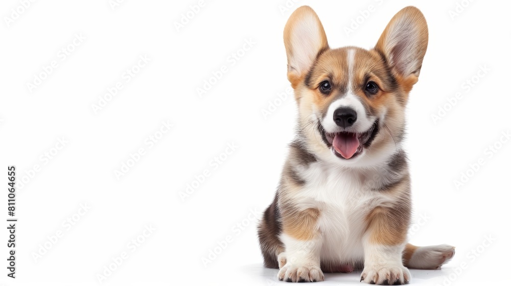 cute puppy with a tongue sticking out. The puppy is sitting on a white background. The puppy has a happy expression on its face