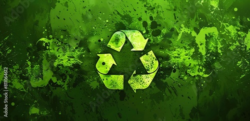 A green background with the recycling symbol in the center, surrounded by abstract shapes and splashes of paint.