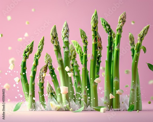 levitating Asparagus, cutted pieces, separated, pastel color background, professional studio photography, hyperrealistic, minimalism, negative space, high detailed, sharp focus