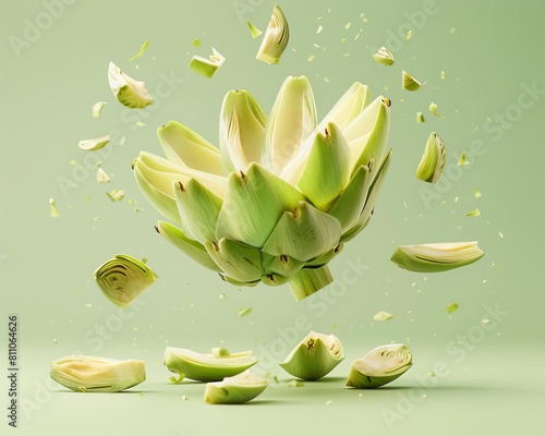 levitating Artichoke, cutted pieces, separated, pastel color background, professional studio photography, hyperrealistic, minimalism, negative space, high detailed, sharp focus