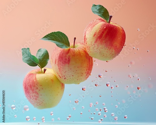 levitating Apples , pastel color background, professional studio photography, hyperrealistic, minimalism, negative space, high detailed, sharp focus