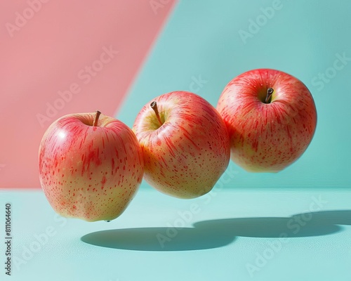 levitating Apples , pastel color background, professional studio photography, hyperrealistic, minimalism, negative space, high detailed, sharp focus