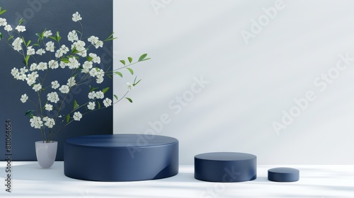 Various sized blue podiums on a classic background for luxury organic cosmetic, skin care, and beauty treatment product display in 3D.