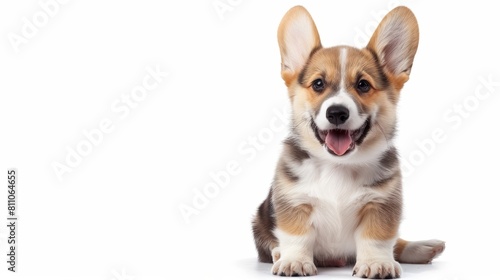 cute puppy with a tongue sticking out. The puppy is sitting on a white background. The puppy has a happy expression on its face © pinkrabbit