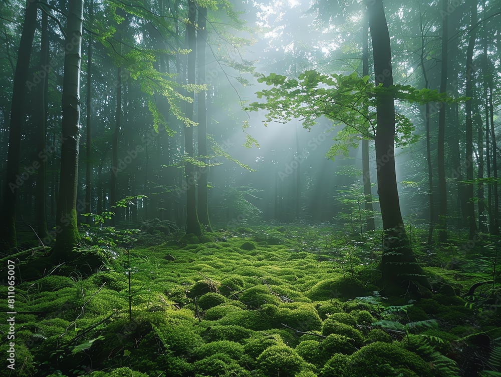 Moody and misty morning scene of a mossy forest floor, with soft light filtering through dense foliage