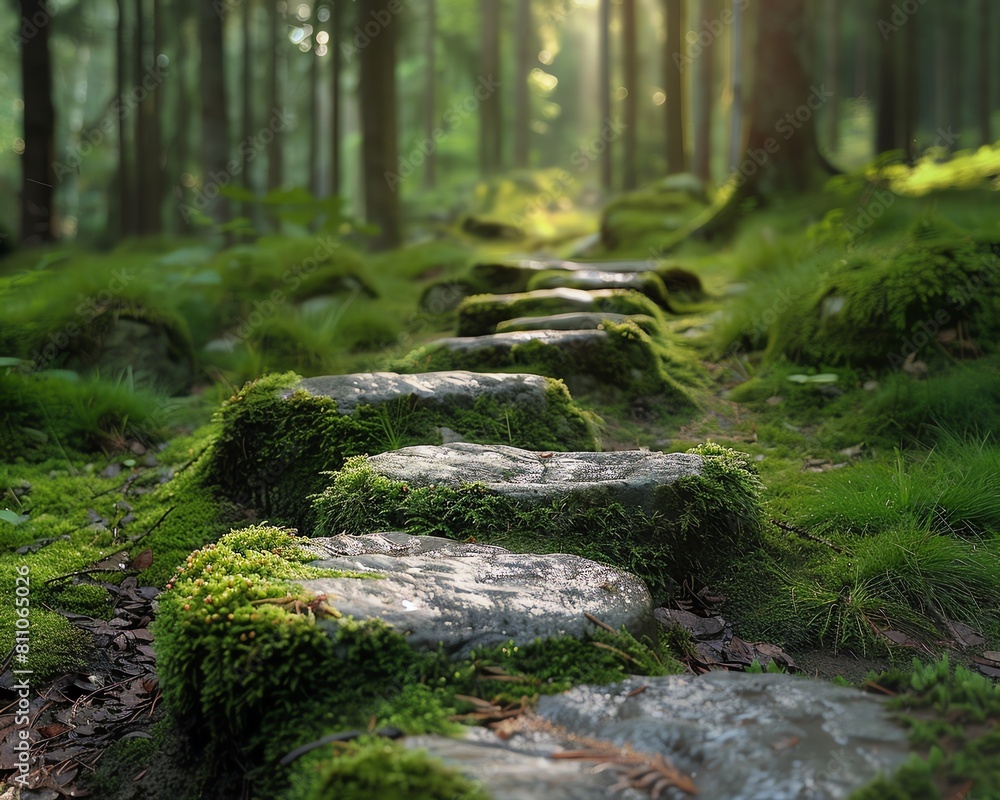 Fototapeta premium Moss-covered stones along a forest path, close-up that conveys a sense of ancient, untouched natural beauty
