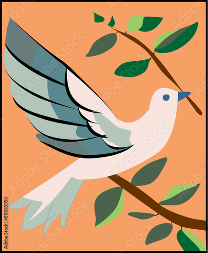 A stylized dove  peace with outstretched wings is depicted mid-flight against a warm, orange background. The bird carries an olive branch
