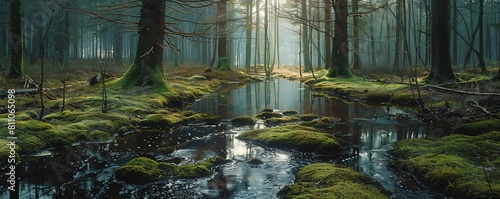 Panoramic view of a mossy forest floor interspersed with small streams and reflections  a tranquil woodland scene