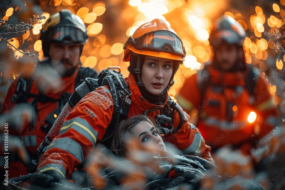 Evocative image of firefighters aiding an injured teammate amidst a backdrop of fiery bokeh Evocative image of firefighters aiding an injured teammate amidst a backdrop of fiery bokeh