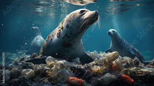 A poignant scene showing seals amidst a sea of plastic waste, illustrating the dire impact of pollution on marine wildlife. © komgritch