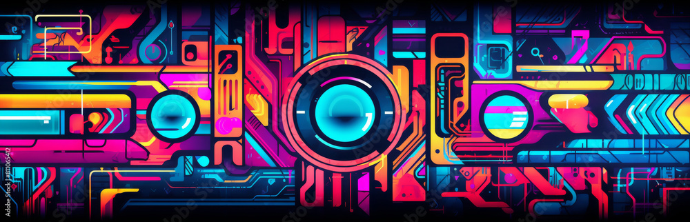 Neon Futuristic Machine Abstract Artwork. Electric Neon Machinery In Abstract Composition. Generative AI