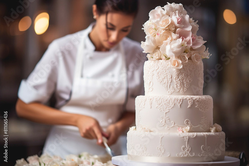 The skilled cake decorator meticulously crafts intricate designs.