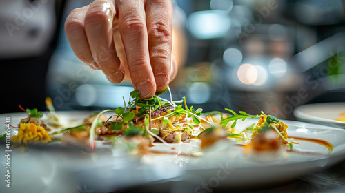 Macro shot of a chef's hand placing a final garnish on an intricate dish, highlighting the precision and artistry of high cuisine in a top-tier restaurant kitchen