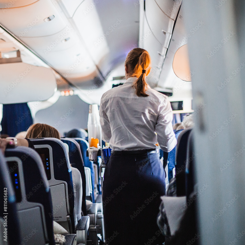Interior of airplane with passengers on seats and stewardess in uniform walking the aisle, serving people. Commercial economy flight service concept Interior of airplane with passengers on seats and stewardess in uniform walking the aisle, serving people. Commercial economy flight service concept