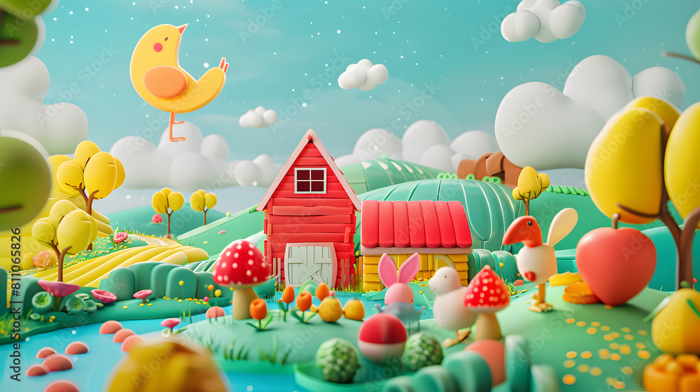 Charming and whimsical clay-style scene set in a pastoral landscape