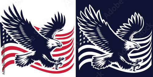 Eagle head over the american flag Silhouettes seat on white backgraund in two variants.