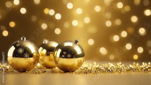 three gold-colored Christmas balls on glittering soft-focus golden lights bokeh background. ideal for use in holiday-themed designs, marketing materials, decorative element in festive settings