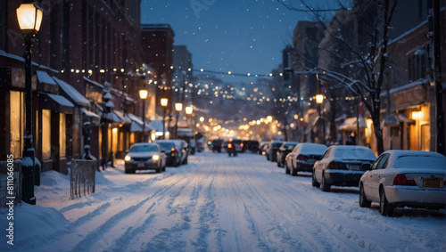Snowy Night, City streets glisten after snowfall.