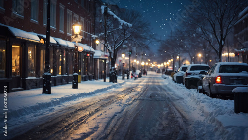 Snowy Night  City streets glisten after snowfall.