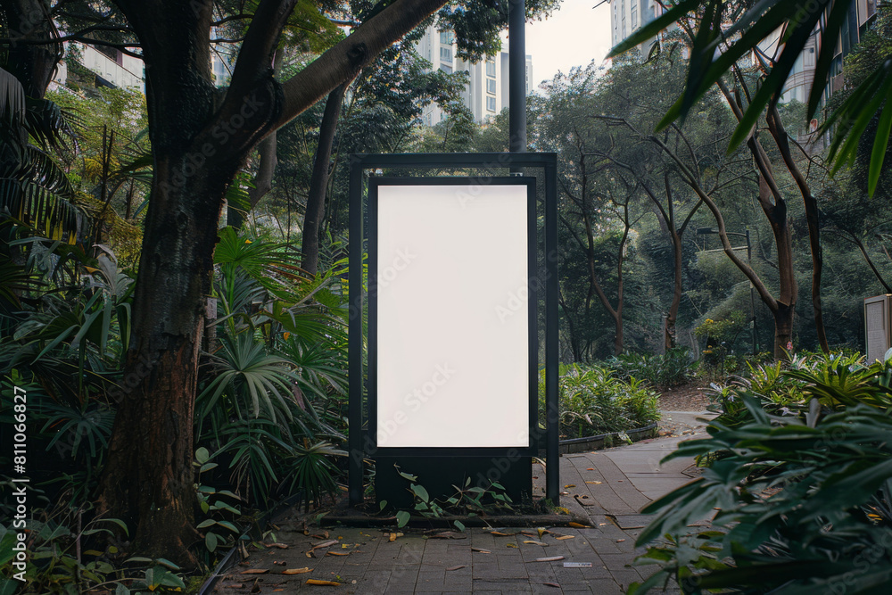 Cityscape billboard mockup with greenery in an urban park for outdoor advertising design template and marketing campaign display with customizable blank space for promotional message and nature backgr Cityscape billboard mockup with greenery in an urban park for outdoor advertising design template and marketing campaign display with customizable blank space for promotional message and nature backgr