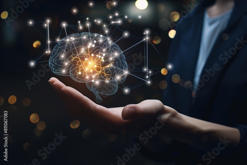 Hand holding digital brain with network connections