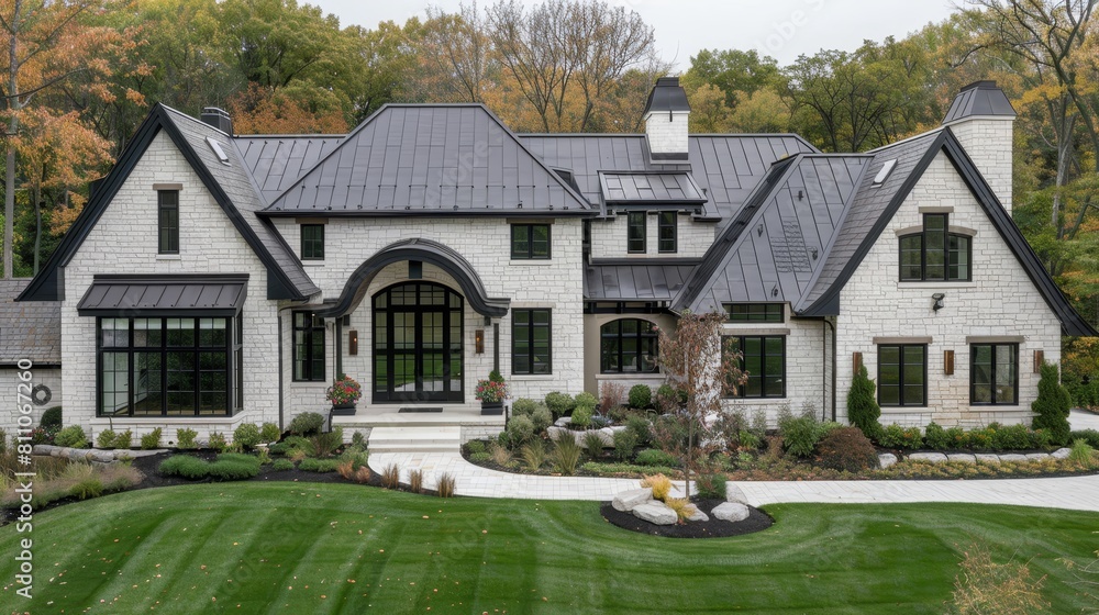 Beautiful white family house with black roof tiles and lush green front yard in residential area Beautiful white family house with black roof tiles and lush green front yard in residential area