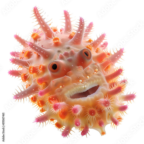 The photo shows a colorful and unique creature that looks like a cross between a jellyfish and a sea urchin photo