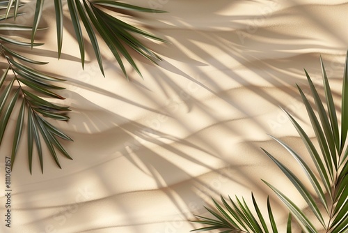 3D Render of Palm leaf shadow on sand  top view with copy space.