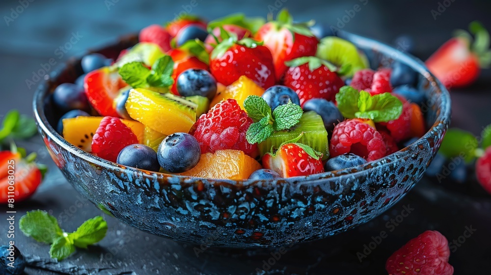 A close-up of a fruit bowl with mint garnishes, featuring strawberries, raspberries, and blueberries on a table A close-up of a fruit bowl with mint garnishes, featuring strawberries, raspberries, and blueberries on a table