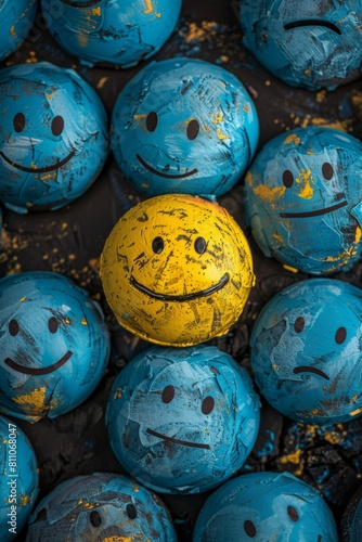 yellow smiley face in the middle of a lots of blue miserable faces, emoji style . ai generated