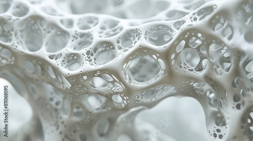 close-up of a 3D printed object. The object is white and has a porous structure, with many small holes and cavities.