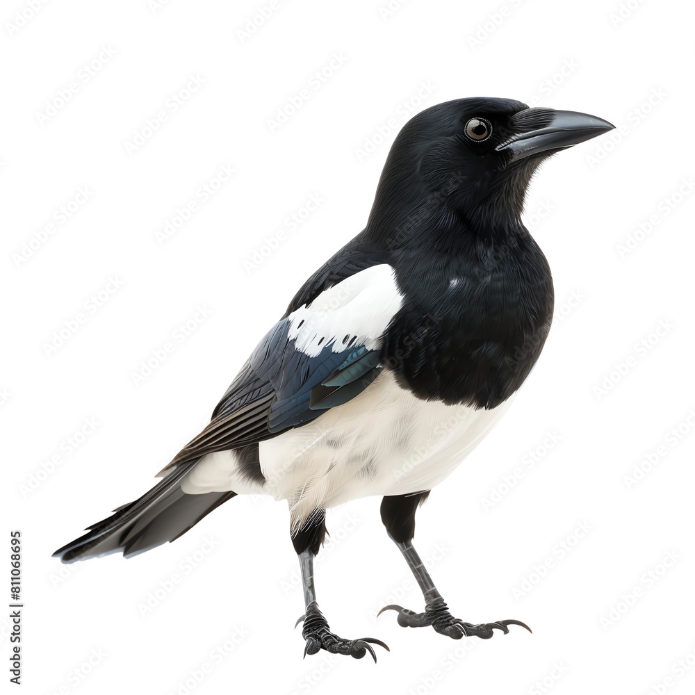 A black and white magpie with blue-green iridescence on its wings and a long, pointed tail. A black and white magpie with blue-green iridescence on its wings and a long, pointed tail.