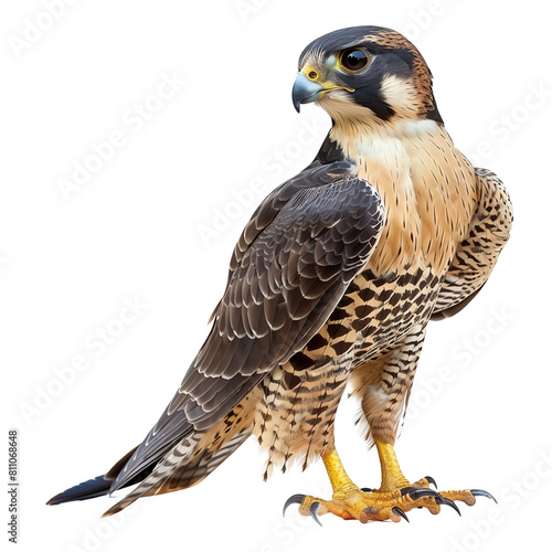 A beautiful saker falcon with a light brown body and dark brown wings stands on a branch, looking to the right.