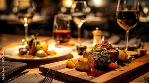 Gourmet meal on an elegant wooden table in a high-end restaurant  focus on the artistic food presentation