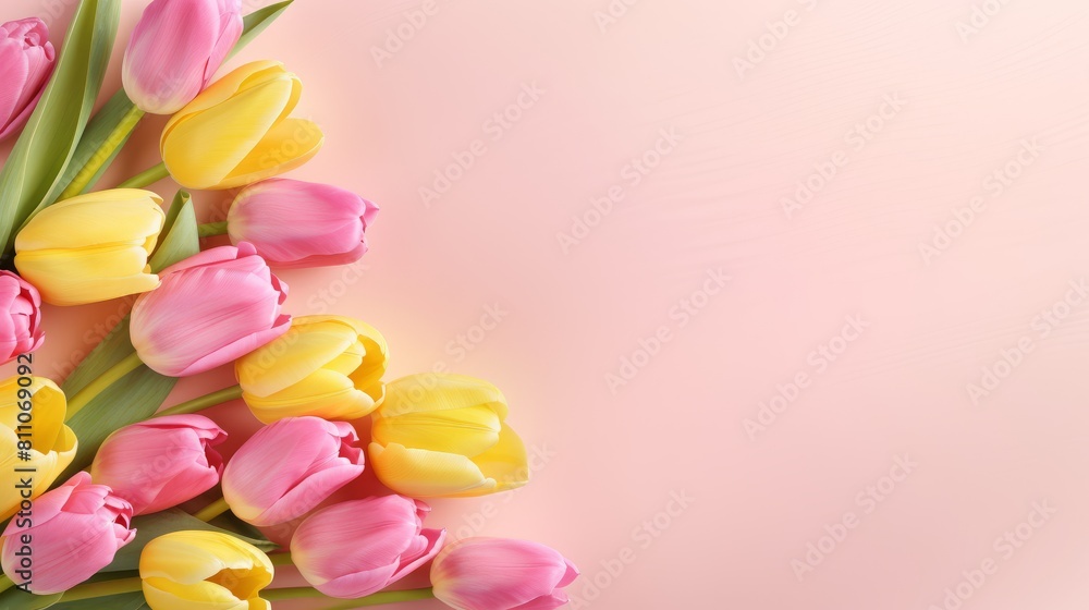 Pink and yellow tulips and white rectangular paper note frame on pink table texture background. Pink and yellow tulips and white rectangular paper note frame on pink table texture background.