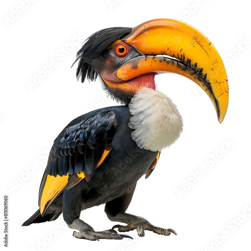 A bright tropical bird with a large yellow and orange beak.