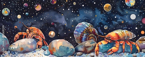 Celestial Hermit Crabs Scurry Across Cosmic Moonscape in Watercolor Painting photo