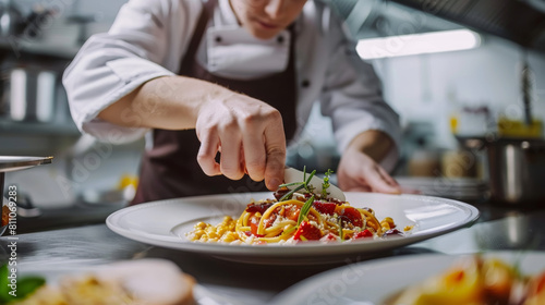 Gourmet chef delicately plating a signature dish in a high-end restaurant kitchen, focus on hands and the dish, showcasing culinary art and precision