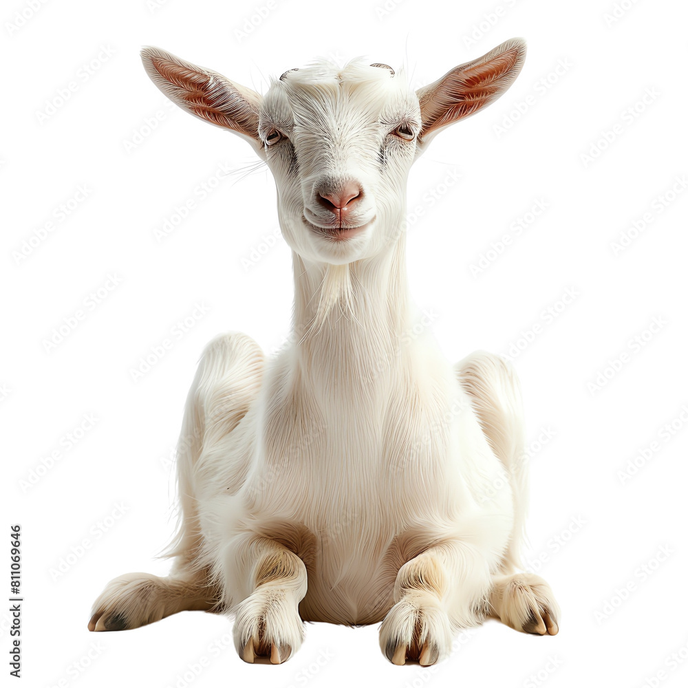 Fototapeta premium A cute white goat is sitting on the ground and looking at the camera