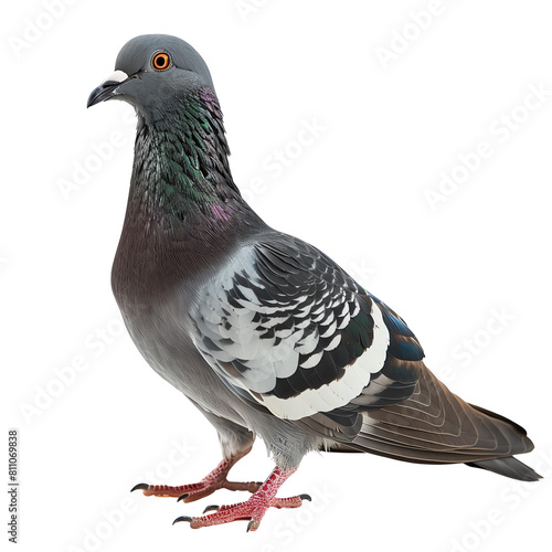 A gray and white pigeon stands on a branch. The pigeon has a dark gray head and neck, with a lighter gray body and white wings. The pigeon's beak is black and its feet are pink.