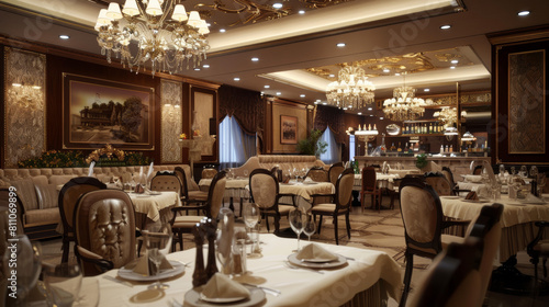 Fine dining restaurant interior, elegant decor with lavish chandeliers and plush seating, soft focus on ambient elements