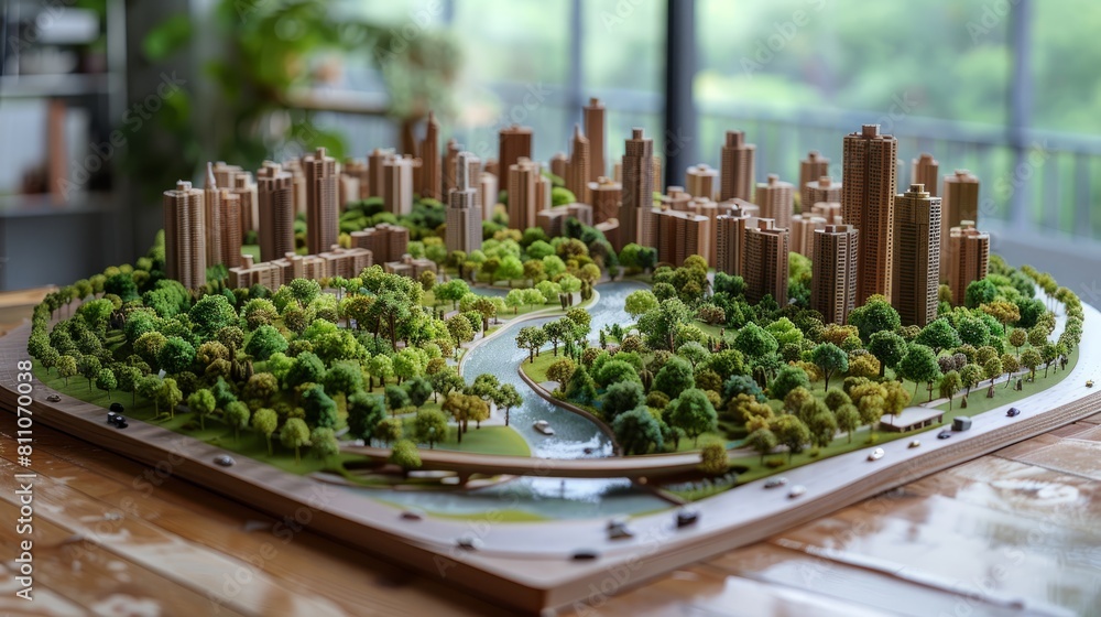 Fototapeta premium a miniature model of a city. The model is made of wood and painted in realistic colors. The model is surrounded by trees and other greenery.