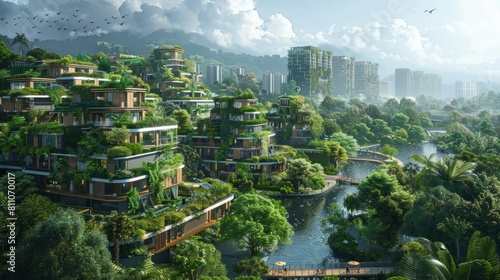a lush green city of the future with skyscrapers covered in vegetation and a river running through the middle. photo