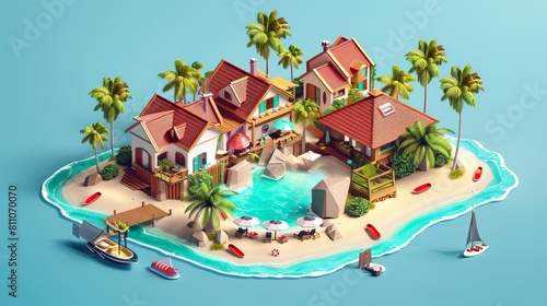 Isometric holiday resort flat design side view tropical getaway theme cartoon drawing vivid