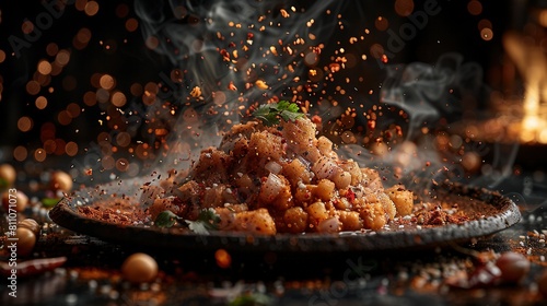   A close-up of a plate of food emitting a lot of smoke from the top photo