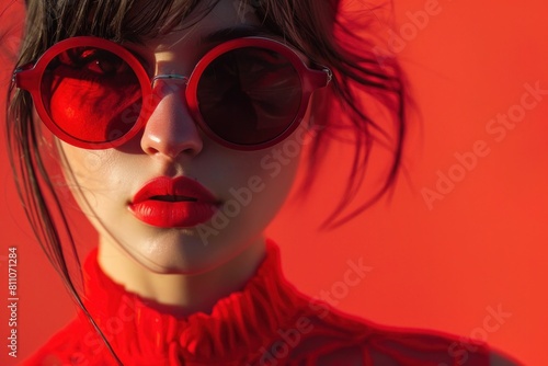 Stylish woman in red sunglasses and dress standing against red background